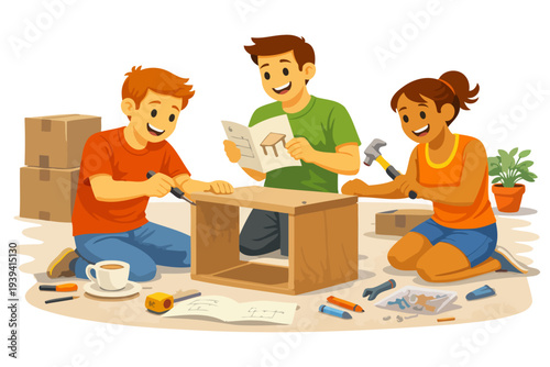 Happy family of three building furniture together with tools and instructions.