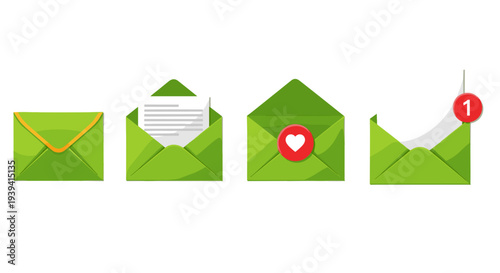 Collection of green mail envelopes, showing various states like closed, open with document, heart, and new message notification