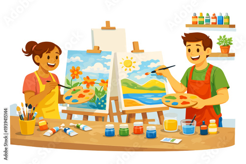 Young caucasian male and female painting on canvas in art studio with bright colors.