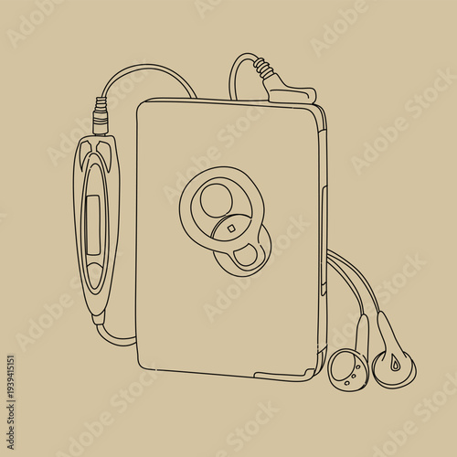 a line art sketch drawing of a portable music player and fun radio with earphones cable. Technology art object