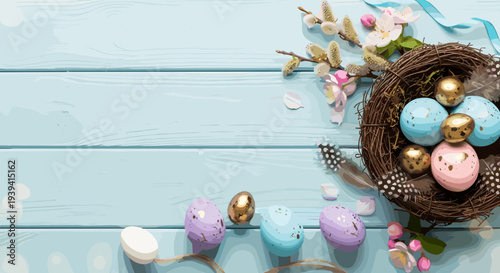 Easter nest with blue, pink, and gold decorated eggs, feathers, pussy willow, and spring blossoms on a rustic blue wooden background