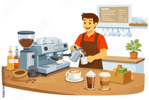 Young caucasian male barista making coffee in a modern cafe setting.