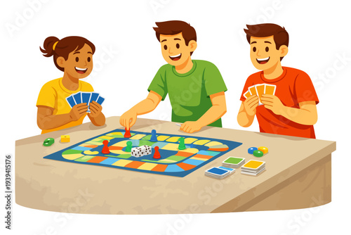 Young diverse friends playing board game and laughing together.