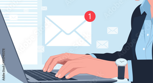 Person typing on laptop keyboard with floating email icons and notifications, illustrating digital communication, online business, and productivity