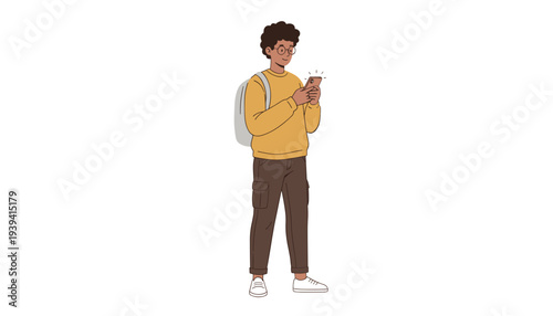 Young man with backpack and takeaway cup, using smartphone, representing student life, urban commute, or casual digital activity