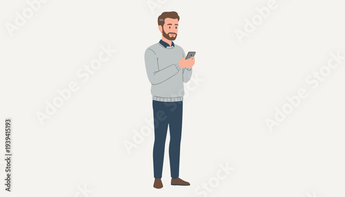 Young bearded man standing and using smartphone, browsing social media or texting, representing modern communication and casual lifestyle