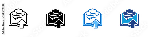 Knowledge Improvement Multiple Style Icon Design Vector - Brain above document with upward arrow representing knowledge transfer, learning progress, and information improvement