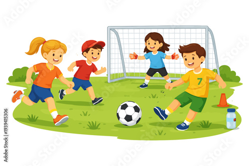 Children playing soccer in park with goalkeeper on sunny day.