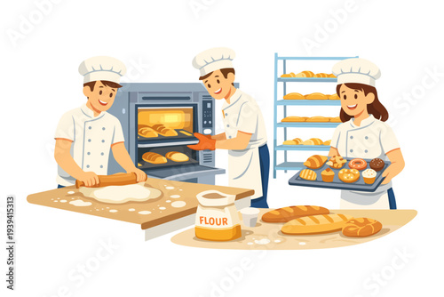 Young adults baking bread and pastries in a professional kitchen.
