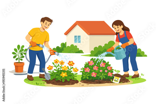 Caucasian young male and female gardening together in a lush backyard.