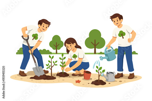 Young diverse group gardening: planting trees and watering plants in a park.