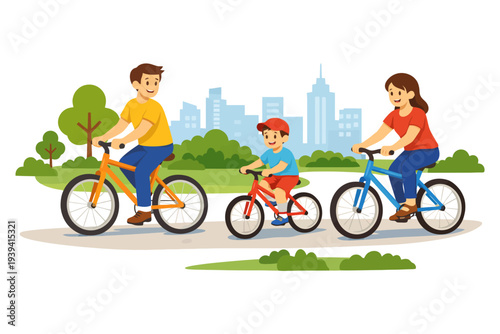 Family biking in park with city skyline in background.