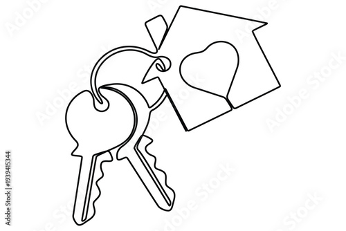 House keys with heart shape keychain in continuous one line drawing style