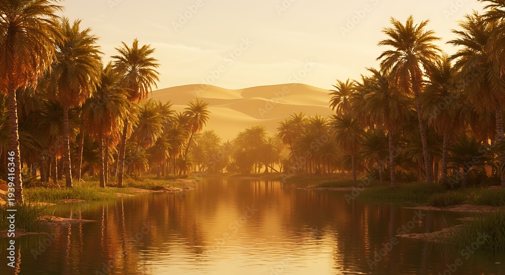 Obraz premium Golden hour serene palm tree lined river with calm water and distant hills