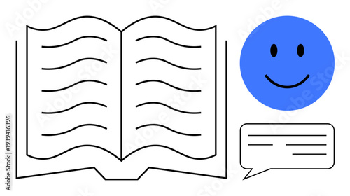 Communication concept. Communication illustrated through an open book, blue smile face, and speech bubble. Communication for education, online learning, storytelling, and social interactions