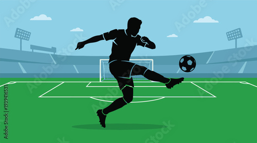Soccer player silhouette kicking football in stadium, sport illustration