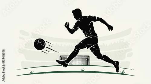 Soccer player silhouette kicking ball in action on field with stadium