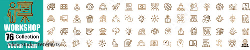 Educational workshop and professional training vector icons collection. Business seminar, creative brainstorming, and skill development line symbols.