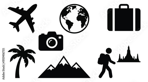 Travel and tourism icons set featuring global destinations and exploration