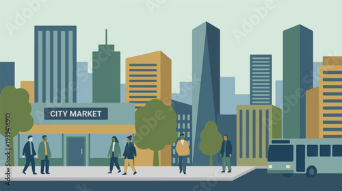 Urban scene with city market, people walking, and a bus, flat design
