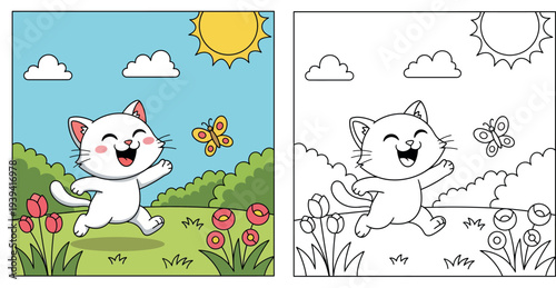 Happy white cartoon cat running in garden chasing butterfly, cute kitten playing in sunny meadow