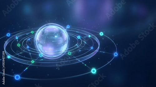 Futuristic digital business ecosystem with glowing central sphere, orbiting neon nodes, interconnected network lines, subtle data particles, corporate tech visualization.