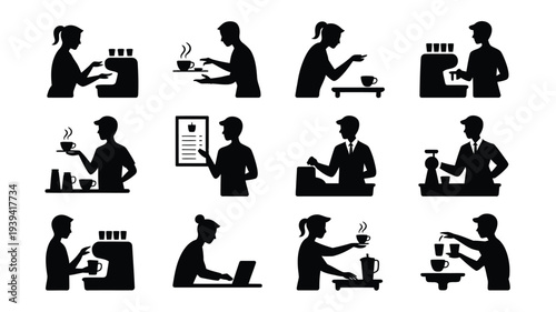 Silhouette icons of people working drinking coffee and using technology in office settings