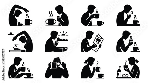 Silhouette icons of people enjoying coffee and tea in various morning routines and relaxation moments