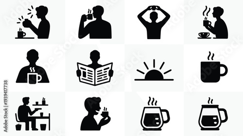 Black silhouettes of people drinking coffee reading and relaxing in morning routine