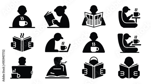 Minimalist black silhouettes of people reading books and drinking coffee in various poses and settings