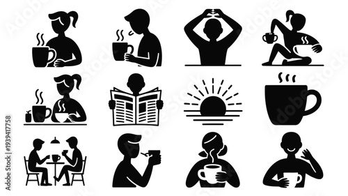 Vector illustration of people enjoying coffee and tea in various morning routines and relaxation moments