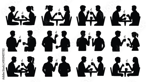 Silhouette illustrations of people sitting at tables eating and drinking in various social settings and poses