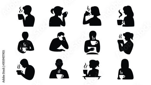 Minimalist black silhouettes of people drinking coffee in various poses and emotions on white background