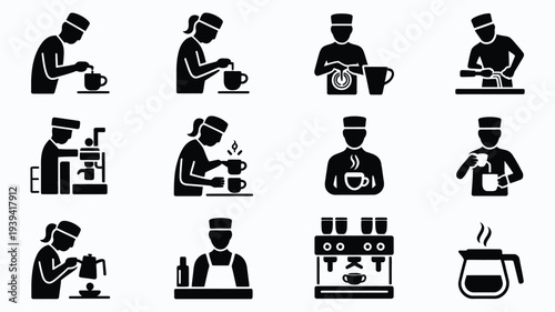 Silhouette of barista making coffee icons bundle coffee shop worker illustrations various coffee preparation methods
