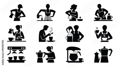 Silhouette bundle of baristas making coffee in various poses and actions in a coffee shop