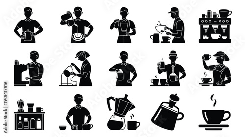 Silhouette bundle of barista actions making coffee various poses and coffee equipment black icons on white background