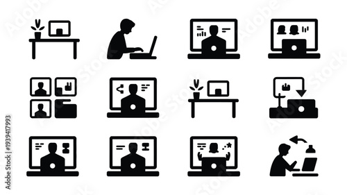Modern work from home icons set remote office silhouettes business productivity symbols telecommuting lifestyle