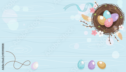 Spring Easter Nest with Decorated Eggs and Floral Elements on Blue Wooden Background
