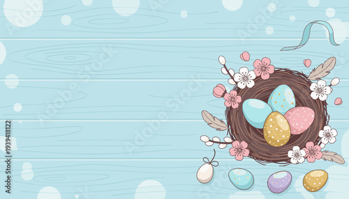 Beautiful Easter Nest with Decorated Eggs, Spring Flowers, and Feathers on Blue Wood