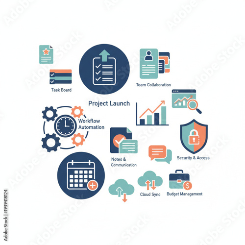 Project launch and workflow automation icons for business, task management, collaboration, and security