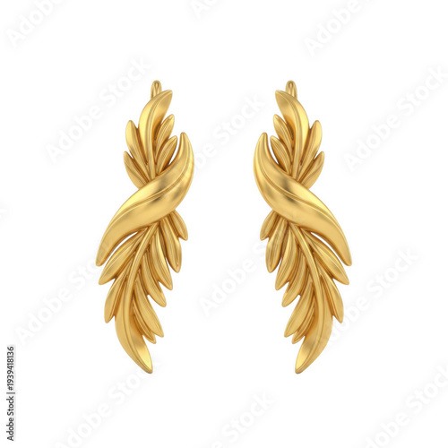 Golden leaf shaped earrings in twisted design isolated on transparent background