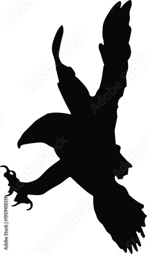 Flying eagle silhouette vector illustration with spread wings and sharp talons isolated on light background, powerful bird of prey symbol for wildlife design