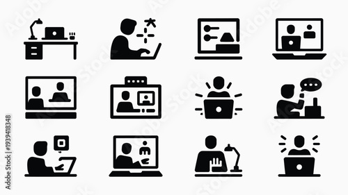 Modern work from home icons people working remotely on laptops communicating online productive home office silhouettes