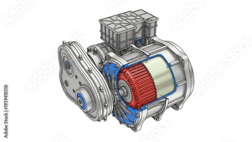 Electric Car Motor Cutaway Diagram, EV Motor Engineering Illustration for Electric Vehicle