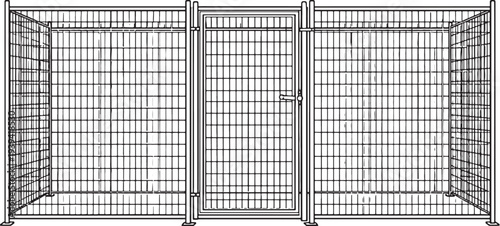 Large Outdoor Dog Run Kennel Enclosure Black and White Line Art Illustration