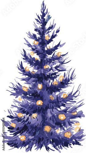 Hand painted style Christmas tree vector illustration with glowing ornaments and festive lights isolated on light background, winter holiday celebration decoration design