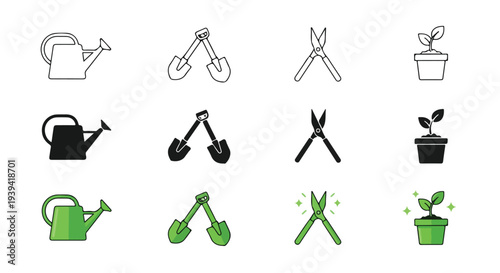 Collection of gardening tools and plant icons in various colors and styles on a white background.