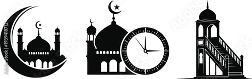 Islamic mosque silhouette collection with crescent moon, clock tower and minaret vector illustration isolated on light background, Ramadan, Eid Mubarak and Muslim architecture design concept