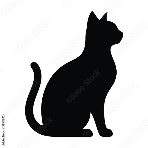 Elegant black cat silhouette sitting gracefully in profile against a stark white background showcasing its sleek form and poised posture representing domestic pets and feline beauty with a minimalist