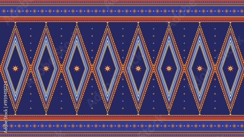 Seamless vector pattern with traditional Indonesian batik-inspired geometric diamond shapes and intricate details in dark blue, orange, and red, ideal for textile, fabric, wallpaper